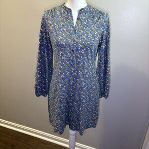 Boden Jersey Shirt Mini Dress Women's 4P Blue Floral Long Sleeve Pockets Buttons